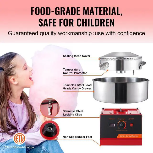 Alt view image 11 of 14 - VEVOR  Electric Cotton Candy Machine, 1000W Candy Floss Maker, Commercial Cotton Candy Machine with Stainless Steel Bowl, and Sugar Scoop, Perfect for Home Kids Birthday, Family Party (Red)