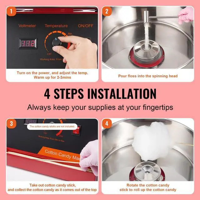 Alt view image 12 of 14 - VEVOR  Electric Cotton Candy Machine, 1000W Candy Floss Maker, Commercial Cotton Candy Machine with Stainless Steel Bowl, and Sugar Scoop, Perfect for Home Kids Birthday, Family Party (Red)