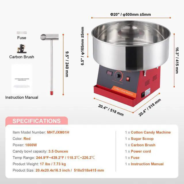 Alt view image 14 of 14 - VEVOR  Electric Cotton Candy Machine, 1000W Candy Floss Maker, Commercial Cotton Candy Machine with Stainless Steel Bowl, and Sugar Scoop, Perfect for Home Kids Birthday, Family Party (Red)