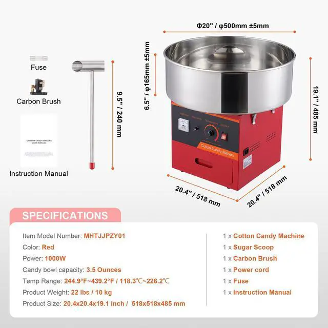Alt view image 14 of 14 - VEVOR  Electric Cotton Candy Machine, 1000W Candy Floss Maker, Commercial Cotton Candy Machine with Stainless Steel Bowl, Sugar Scoop, and Drawer, Perfect for Home Kids Birthday, Family Party, Red