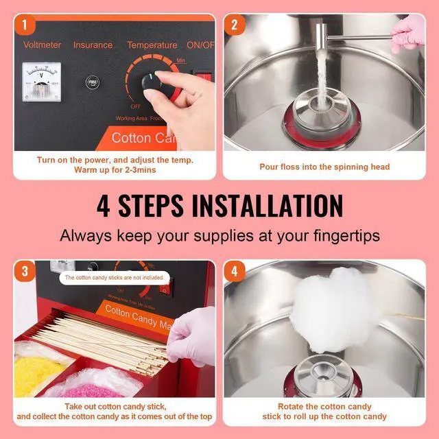 Alt view image 12 of 14 - VEVOR  Electric Cotton Candy Machine, 1000W Candy Floss Maker, Commercial Cotton Candy Machine with Stainless Steel Bowl, Sugar Scoop, and Drawer, Perfect for Home Kids Birthday, Family Party, Red