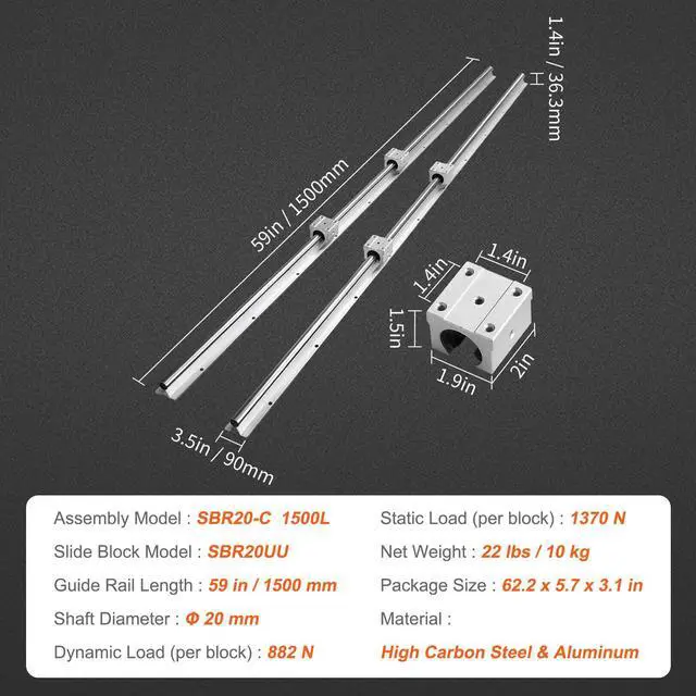 Alt view image 14 of 14 - VEVOR Linear Guide Rail Set, SBR20 1500mm, 2 PCS 59 in/1500 mm SBR20 Guide Rails and 4 PCS SBR20UU Slide Blocks, Linear Rails and Bearings Kit for Automated Machines DIY Project CNC Router Machines