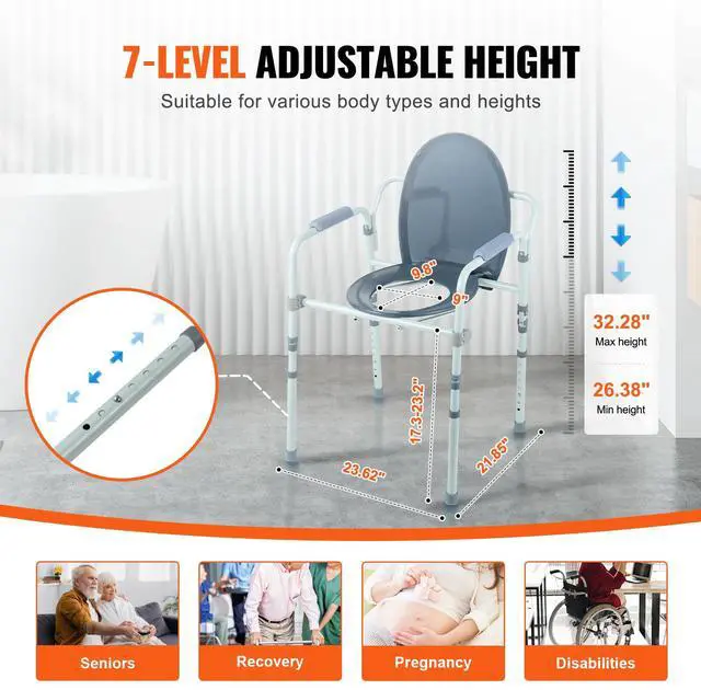 Alt view image 5 of 8 - VEVOR Commode Chair, Bedside Commode with Wider Toilet Seat, 7-Level Adjustable Height, 5.8L Removable Bucket, Easy to Assemble, 350 LBS Capacity, Raised Toilet Seat for Adults Seniors