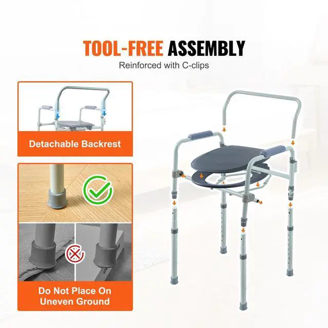 Alt view image 8 of 8 - VEVOR Commode Chair, Bedside Commode with Wider Toilet Seat, 7-Level Adjustable Height, 5.8L Removable Bucket, Easy to Assemble, 350 LBS Capacity, Raised Toilet Seat for Adults Seniors