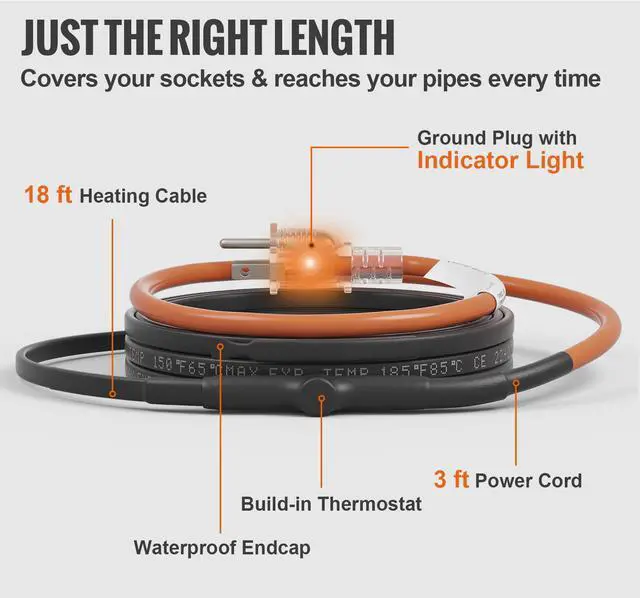Alt view image 13 of 15 - VEVOR Self-Regulating Pipe Heating Cable, 18-feet 5W/ft Heat Tape for Pipes Freeze Protection, Protects PVC Hose, Metal and Plastic Pipe from Freezing, 120V