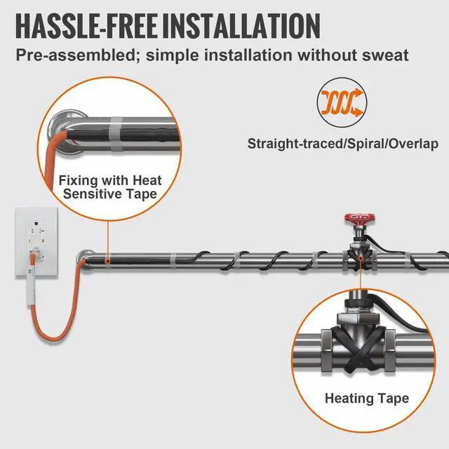 Alt view image 14 of 15 - VEVOR Self-Regulating Pipe Heating Cable, 18-feet 5W/ft Heat Tape for Pipes Freeze Protection, Protects PVC Hose, Metal and Plastic Pipe from Freezing, 120V