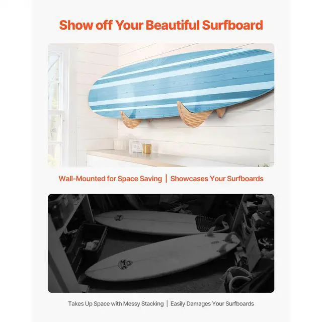 Alt view image 2 of 7 - Surfboard Wall Mount, Horizontal Surfboard Rack for Storage and Display, Wooden Board Stand Organizer for Wall, Surf Board Holder Ideal for Wakeboards, Snowboards, Kiteboards, Shortboard, Skis