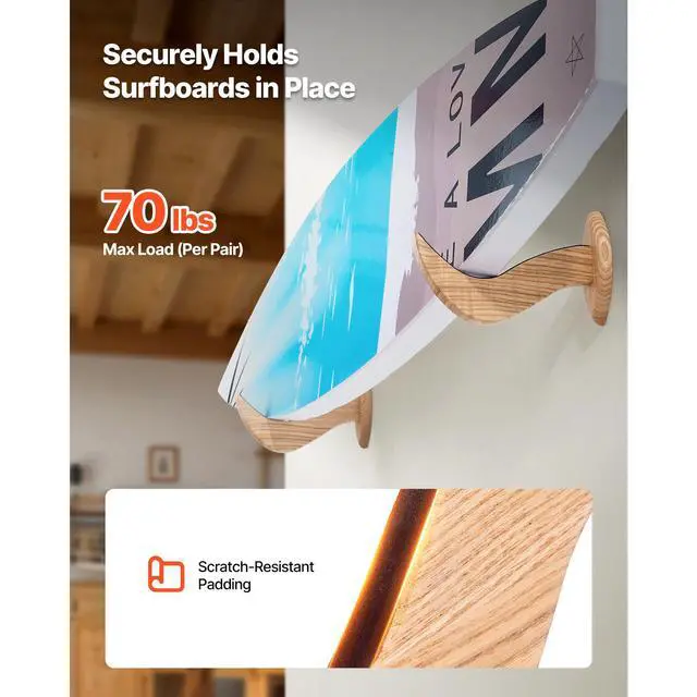 Alt view image 3 of 7 - Surfboard Wall Mount, Horizontal Surfboard Rack for Storage and Display, Wooden Board Stand Organizer for Wall, Surf Board Holder Ideal for Wakeboards, Snowboards, Kiteboards, Shortboard, Skis