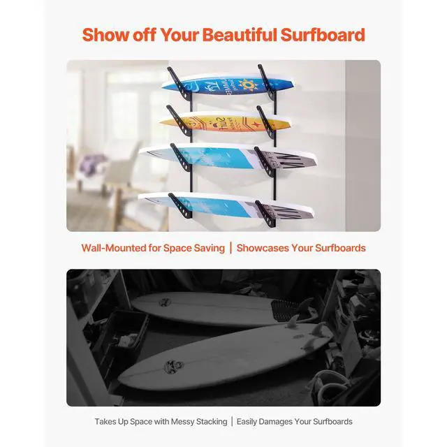 Alt view image 3 of 8 - VEVOR Surfboard Wall Mount 4 Tiers Horizontal Surfboard Rack for Storage Display