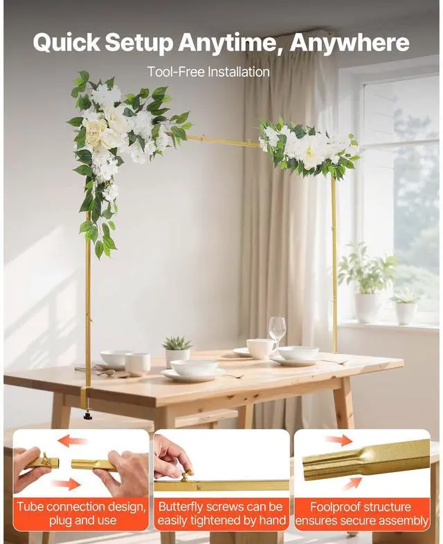 Alt view image 5 of 8 - VEVOR Over the Table Rod Stand with Clamps, Adjustable 28"-98" Length & 13"-42" Height, Table Arch Stand with Floral Accessories, Gold Balloon Frame for Wedding Birthday Party Christmas Decoration
