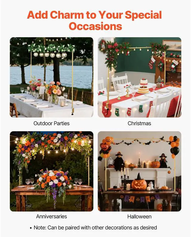 Alt view image 7 of 8 - VEVOR Over the Table Rod Stand with Clamps, Adjustable 28"-98" Length & 13"-42" Height, Table Arch Stand with Floral Accessories, Gold Balloon Frame for Wedding Birthday Party Christmas Decoration
