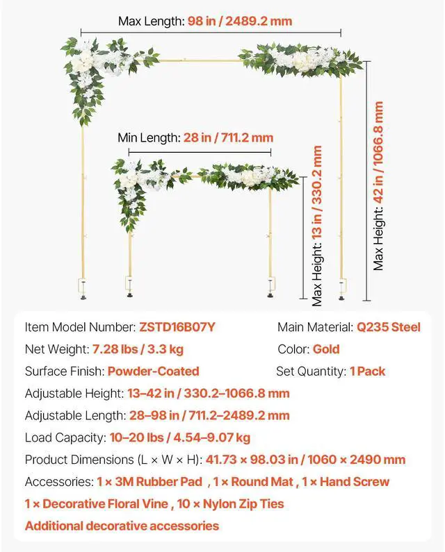 Alt view image 8 of 8 - VEVOR Over the Table Rod Stand with Clamps, Adjustable 28"-98" Length & 13"-42" Height, Table Arch Stand with Floral Accessories, Gold Balloon Frame for Wedding Birthday Party Christmas Decoration