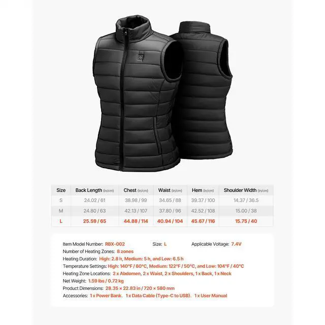 Alt view image 8 of 8 - VEVOR Heated Vest, Women Electric Heating Vest with 16000 mAh Battery Pack, 8 Heating Zones Lightweight Rechargeable Winter-Vest with 3 Levels, for Outdoor Hiking Camping Fishing Skiing, Size L