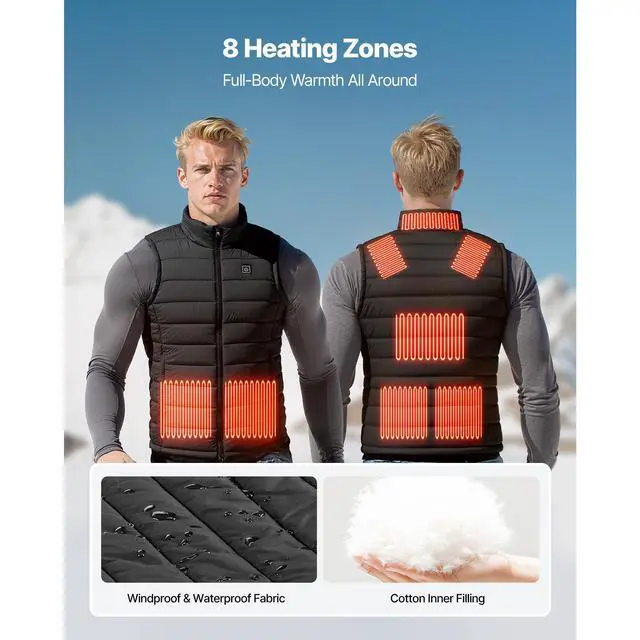 Alt view image 3 of 8 - VEVOR Heated Vest, Men Electric Heating Vest with 16000 mAh Battery Pack, 8 Heating Zones Lightweight Rechargeable Winter-Vest with 3 Levels, for Outdoor Hiking Camping Fishing Skiing, Size M
