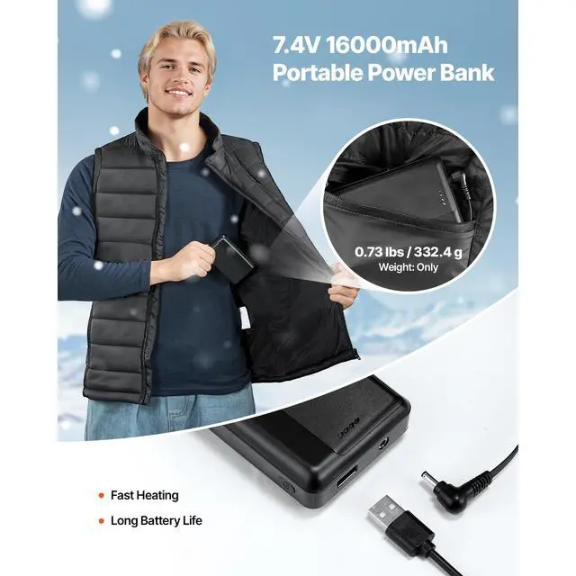 Alt view image 5 of 8 - VEVOR Heated Vest, Men Electric Heating Vest with 16000 mAh Battery Pack, 8 Heating Zones Lightweight Rechargeable Winter-Vest with 3 Levels, for Outdoor Hiking Camping Fishing Skiing, Size M