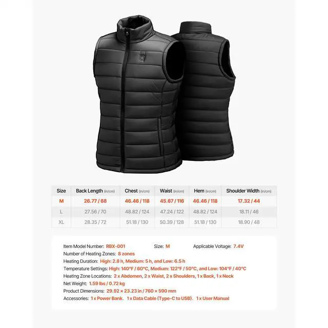 Alt view image 8 of 8 - VEVOR Heated Vest, Men Electric Heating Vest with 16000 mAh Battery Pack, 8 Heating Zones Lightweight Rechargeable Winter-Vest with 3 Levels, for Outdoor Hiking Camping Fishing Skiing, Size M