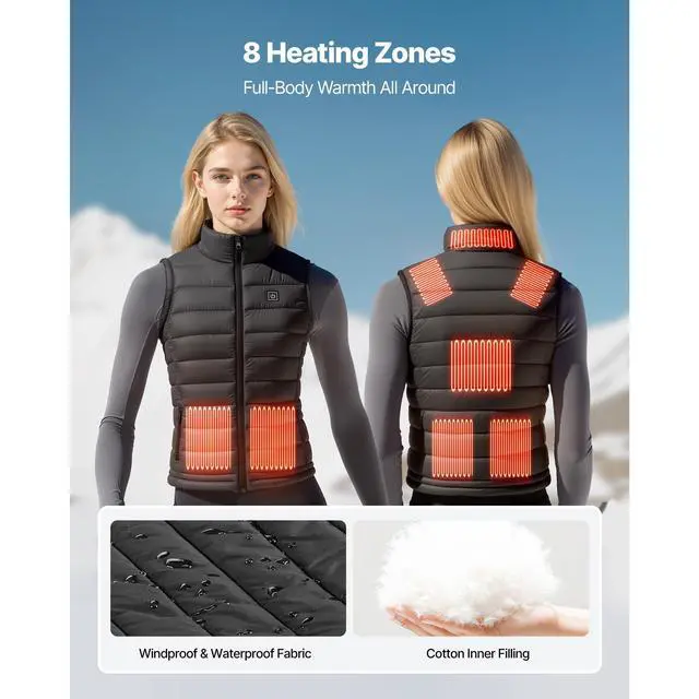 Alt view image 3 of 8 - VEVOR Heated Vest, Women Electric Heating Vest with 16000 mAh Battery Pack, 8 Heating Zones Lightweight Rechargeable Winter-Vest with 3 Levels, for Outdoor Hiking Camping Fishing Skiing, Size S