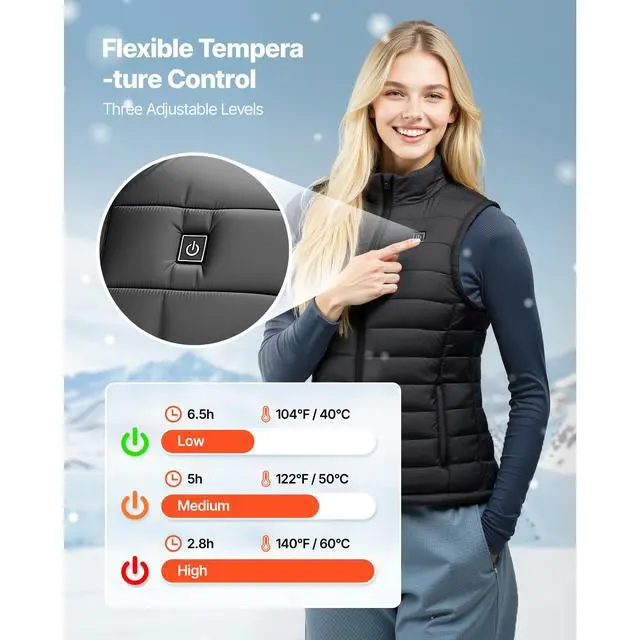 Alt view image 4 of 8 - VEVOR Heated Vest, Women Electric Heating Vest with 16000 mAh Battery Pack, 8 Heating Zones Lightweight Rechargeable Winter-Vest with 3 Levels, for Outdoor Hiking Camping Fishing Skiing, Size S