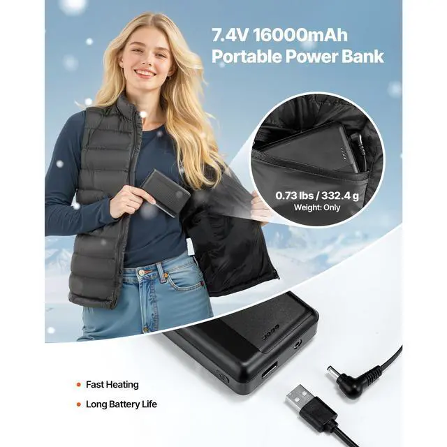 Alt view image 5 of 8 - VEVOR Heated Vest, Women Electric Heating Vest with 16000 mAh Battery Pack, 8 Heating Zones Lightweight Rechargeable Winter-Vest with 3 Levels, for Outdoor Hiking Camping Fishing Skiing, Size S