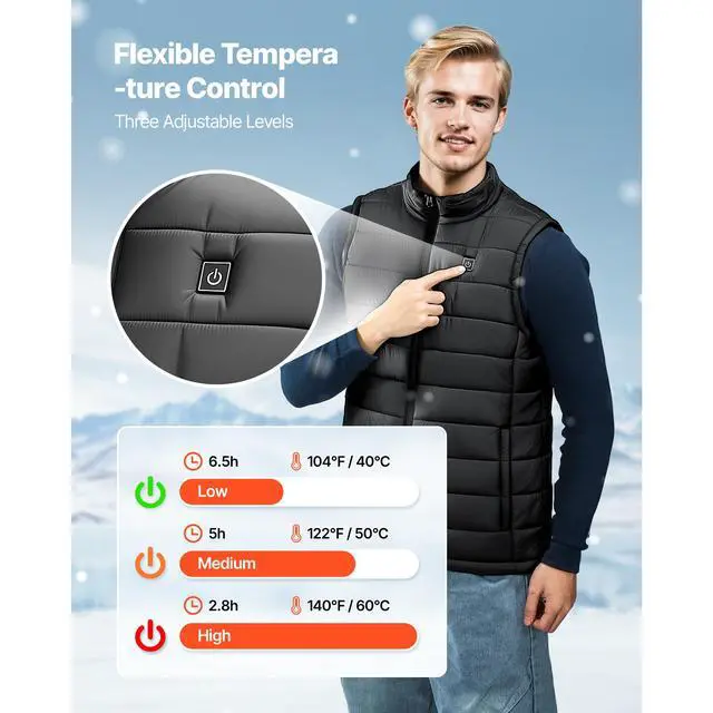 Alt view image 4 of 8 - VEVOR Heated Vest, Men Electric Heating Vest with 16000 mAh Battery Pack, 8 Heating Zones Lightweight Rechargeable Winter-Vest with 3 Levels, for Outdoor Hiking Camping Fishing Skiing, Size XL
