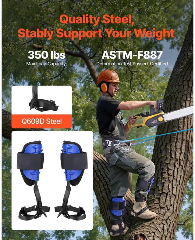 Alt view image 2 of 7 - Tree Climbing Spikes Set, Height-Adjustable Tree Climbing Gear with Straps & Waist Harness, 350 lbs Load Capacity, Heavy Duty Steel Climb Spurs Arborist Equipment for Fruit Picking Hunting