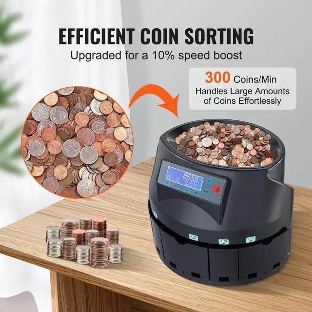 Alt view image 9 of 14 - VEVOR USD Coin Sorter Coin Counter Wrapper and Roller 300 Coins/min LCD Display