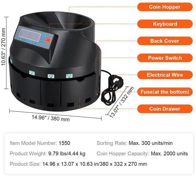 Alt view image 14 of 14 - VEVOR USD Coin Sorter Coin Counter Wrapper and Roller 300 Coins/min LCD Display