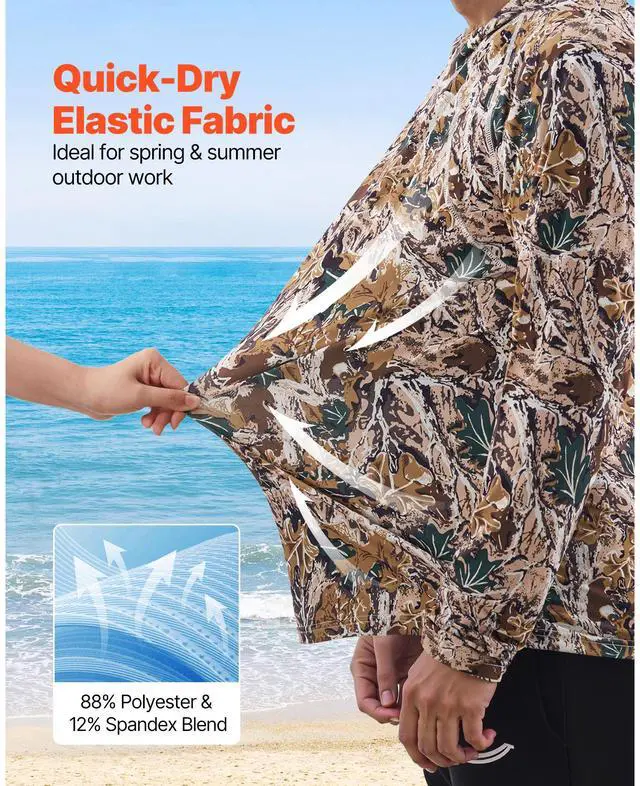 Alt view image 3 of 8 - VEVOR Camo Hoodie, XX-Large Size, Men Pullover Hooded Sweatshirt, Moisture Wicking & Breathable, Quick-dry, Hiking Fishing Shirt with Hood, Long Sleeves Hunting Shirts for Spring & Summer Outdoor Work