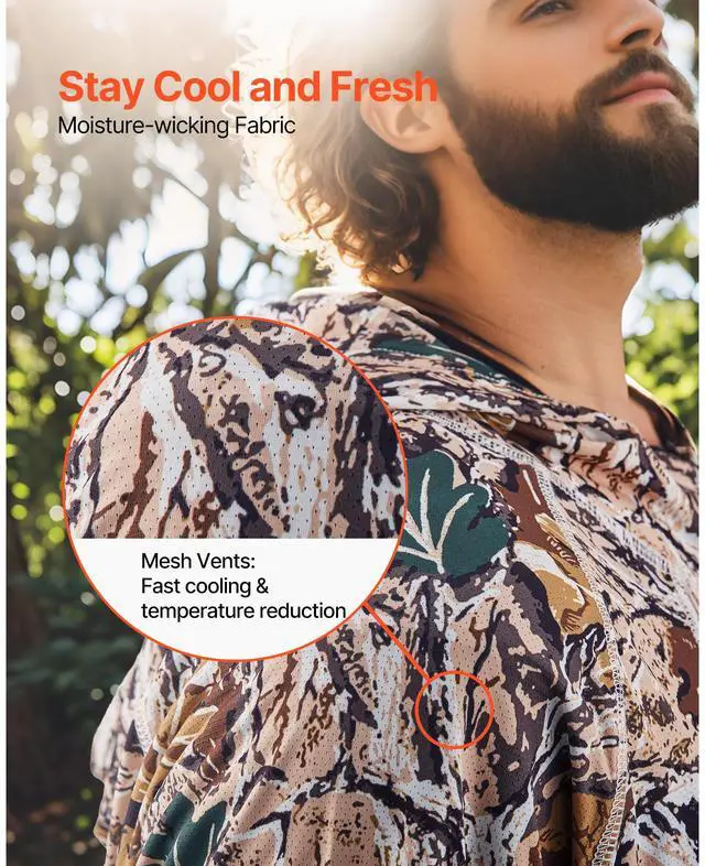 Alt view image 5 of 8 - VEVOR Camo Hoodie, XX-Large Size, Men Pullover Hooded Sweatshirt, Moisture Wicking & Breathable, Quick-dry, Hiking Fishing Shirt with Hood, Long Sleeves Hunting Shirts for Spring & Summer Outdoor Work