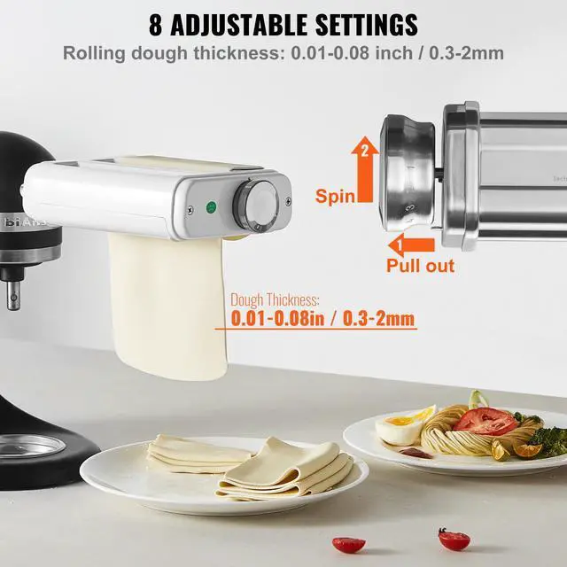 Alt view image 5 of 9 - VEVOR Pasta Attachment for KitchenAid Stand Mixer, 3-IN-1 Stainless Steel Pasta Roller Cutter Set Including Pasta Sheet Roller, Spaghetti and Fettuccine Cutter, 8 Adjustable Thickness Knob Pasta Maker
