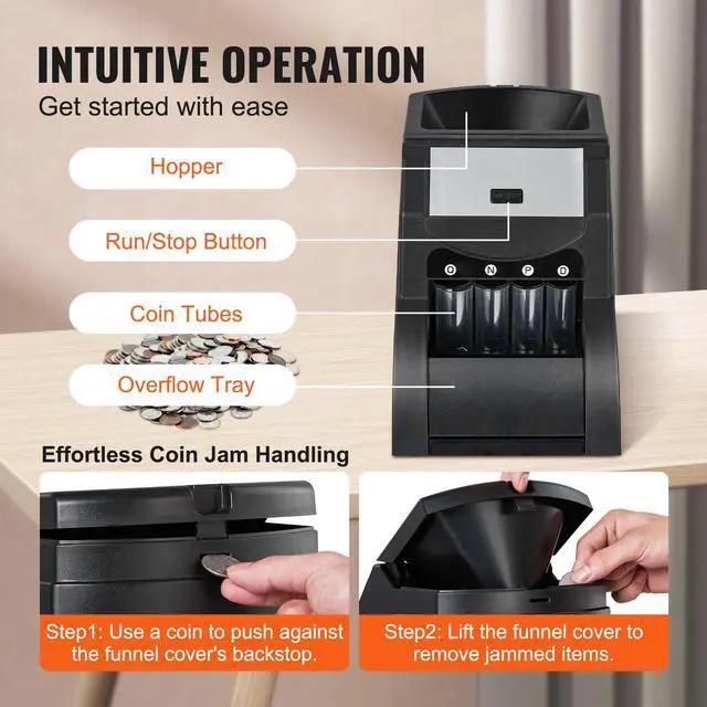 Alt view image 11 of 14 - VEVOR USD Coin Sorter, Coin Sorter Machine for USD Coin 1 5 10 25, Sorts up to 230 Coins/min, Coin Sorter and Wrapper Machine Holds 200 Coins Included 4 Coin Tubes, Black