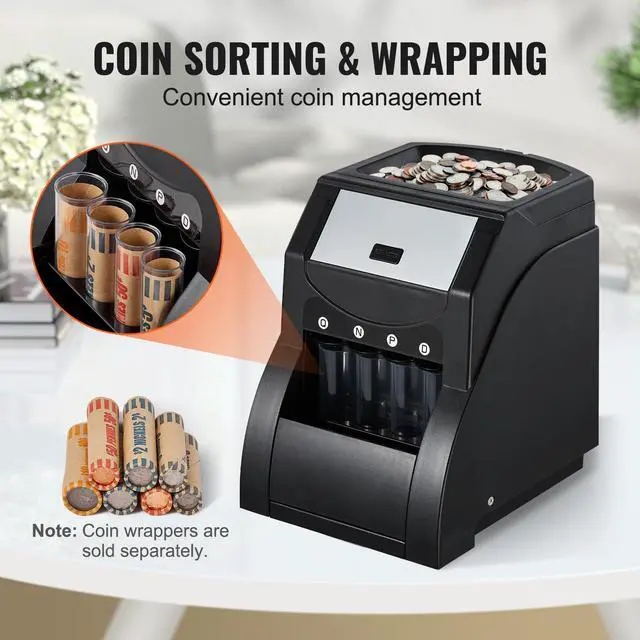 Alt view image 12 of 14 - VEVOR USD Coin Sorter, Coin Sorter Machine for USD Coin 1 5 10 25, Sorts up to 230 Coins/min, Coin Sorter and Wrapper Machine Holds 200 Coins Included 4 Coin Tubes, Black