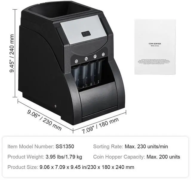Alt view image 14 of 14 - VEVOR USD Coin Sorter, Coin Sorter Machine for USD Coin 1 5 10 25, Sorts up to 230 Coins/min, Coin Sorter and Wrapper Machine Holds 200 Coins Included 4 Coin Tubes, Black