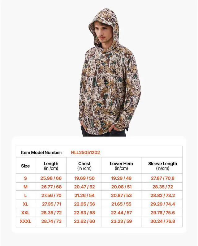 Alt view image 8 of 8 - VEVOR Camo Hoodie, XX-Large Size, Men Pullover Hooded Sweatshirt, Moisture Wicking & Breathable, Quick-dry, Hiking Fishing Shirt with Hood, Long Sleeves Hunting Shirts for Spring & Summer Outdoor Work