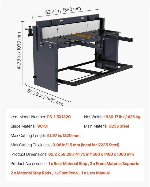Alt view image 7 of 7 - Foot Stomp Sheet Metal Shear, 52 in Width Manual Floor Shear, with Soild Steel Frame, Adjustable Blade Gap, Material Stops, Foot-Pedal Control for Cutting Steel, Copper, Rebar, and Aluminum