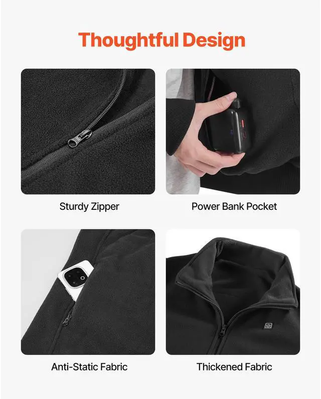 Alt view image 6 of 7 - Heated Fleece Jacket for Women, Heated Sweatshirt with 7.4V 16000mAh Rechargeable Power Bank Pack, 6 Heating Zones, 3 Temp Levels, 3h/6h/10h Warmth, for Winter Outdoor Camping, Black