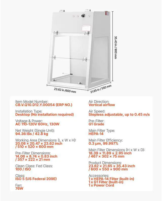 Alt view image 7 of 7 - Laminar Flow Hood, 20.08 x 20.47 x 23.62 inch Working Area Portable Clean Room, Meets ISO Class 5 Clean Room Standards, with HEPA-14 Filter and G1 Pre-Filter, for Medical and Laboratory Use