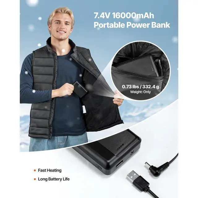 Alt view image 5 of 8 - VEVOR Heated Vest, Men Electric Heating Vest with 16000 mAh Battery Pack, 8 Heating Zones Lightweight Rechargeable Winter-Vest with 3 Levels, for Outdoor Hiking Camping Fishing Skiing, Size XL