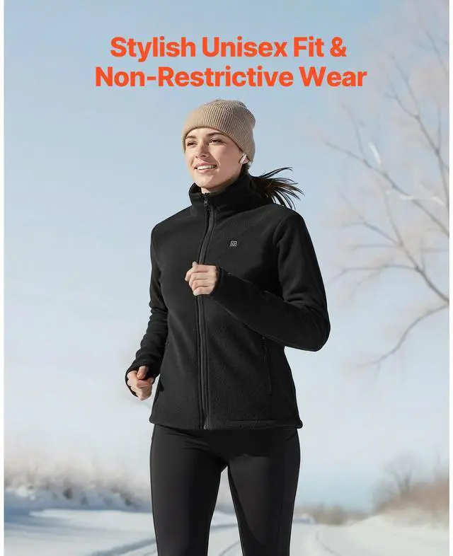 Alt view image 5 of 7 - Heated Fleece Jacket for Women, Heated Sweatshirt with 7.4V 16000mAh Rechargeable Power Bank Pack, 6 Heating Zones, 3 Temp Levels, 3h/6h/10h Warmth, for Winter Outdoor Camping, Black