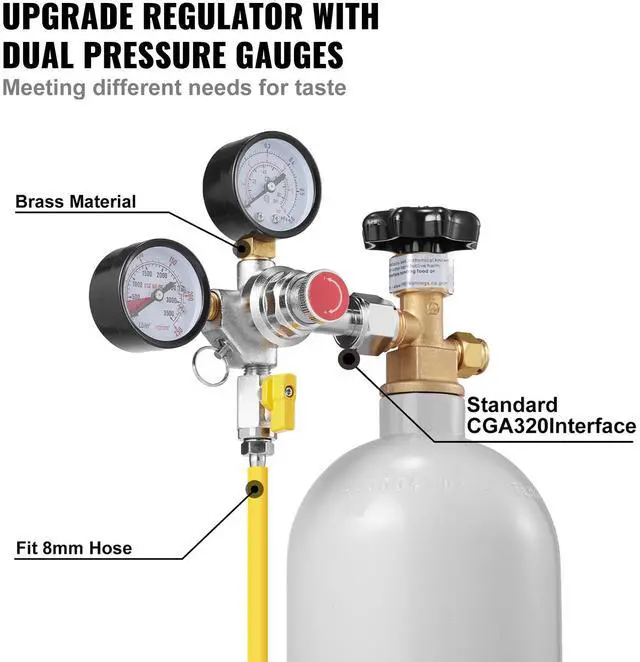 Alt view image 8 of 10 - VEVOR Double Gauge Regulator, CO2 Regulator Gauge with 0-60PSI, Heavy Duty CO2 Gauge Gas System, Draft Beer Regulator with Check Valve, Adjustable Pressure Regulator for Draft Beer Homebrew, CGA320