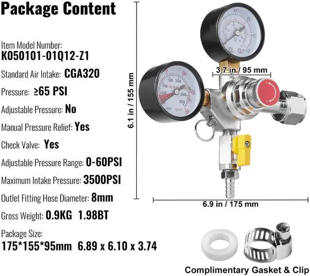 Alt view image 10 of 10 - VEVOR Double Gauge Regulator, CO2 Regulator Gauge with 0-60PSI, Heavy Duty CO2 Gauge Gas System, Draft Beer Regulator with Check Valve, Adjustable Pressure Regulator for Draft Beer Homebrew, CGA320
