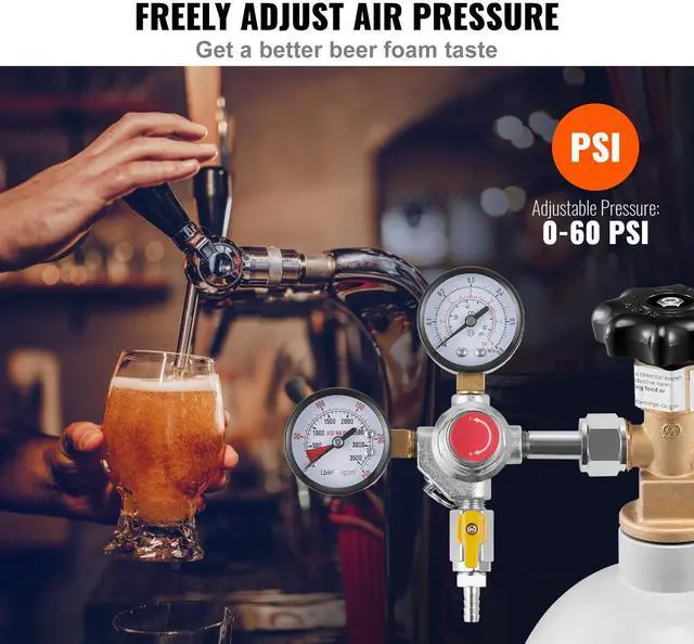Alt view image 5 of 10 - VEVOR Double Gauge Regulator, CO2 Regulator Gauge with 0-60PSI, Heavy Duty CO2 Gauge Gas System, Draft Beer Regulator with Check Valve, Adjustable Pressure Regulator for Draft Beer Homebrew, CGA320