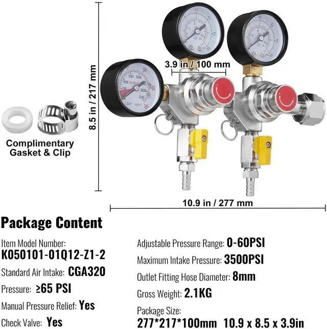 Alt view image 14 of 14 - VEVOR Triple Gauge Regulator, CO2 Regulator Gauge with 0-60PSI, Heavy Duty CO2 Gauge Gas System, Draft Beer Regulator with Check Valve, Adjustable Pressure Regulator for Draft Beer Homebrew, CGA320