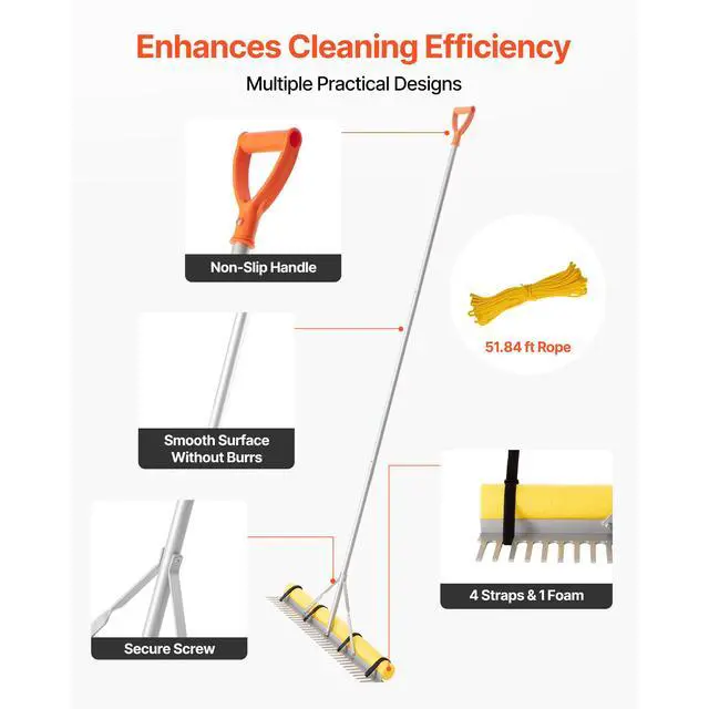 Alt view image 6 of 7 - Landscape Rake, 36 inch Wide Head 133 inch Handle, Large Heavy Duty Aluminum Landscaping Leaf Rake Tool, Asphalt Level for Loosening Soil, Garden & Yard, Pond Gravel & Beach Lawn Care, 52ft Rope