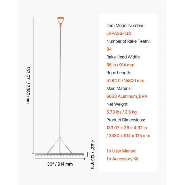 Alt view image 7 of 7 - Landscape Rake, 36 inch Wide Head 133 inch Handle, Large Heavy Duty Aluminum Landscaping Leaf Rake Tool, Asphalt Level for Loosening Soil, Garden & Yard, Pond Gravel & Beach Lawn Care, 52ft Rope