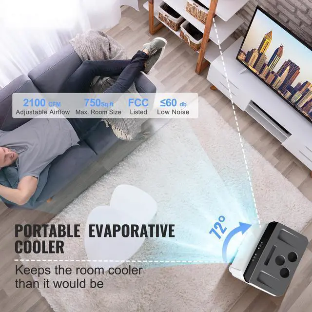 Alt view image 13 of 18 - VEVOR Evaporative Air Cooler, 2100 CFM, 135 Oscillating Swamp Cooler with Adjustable 3 Speeds and 12 H Timer, 7 Gal Portable Air Cooler for 750 Sq.ft, Indoor/Outdoor Use, FCC Listed