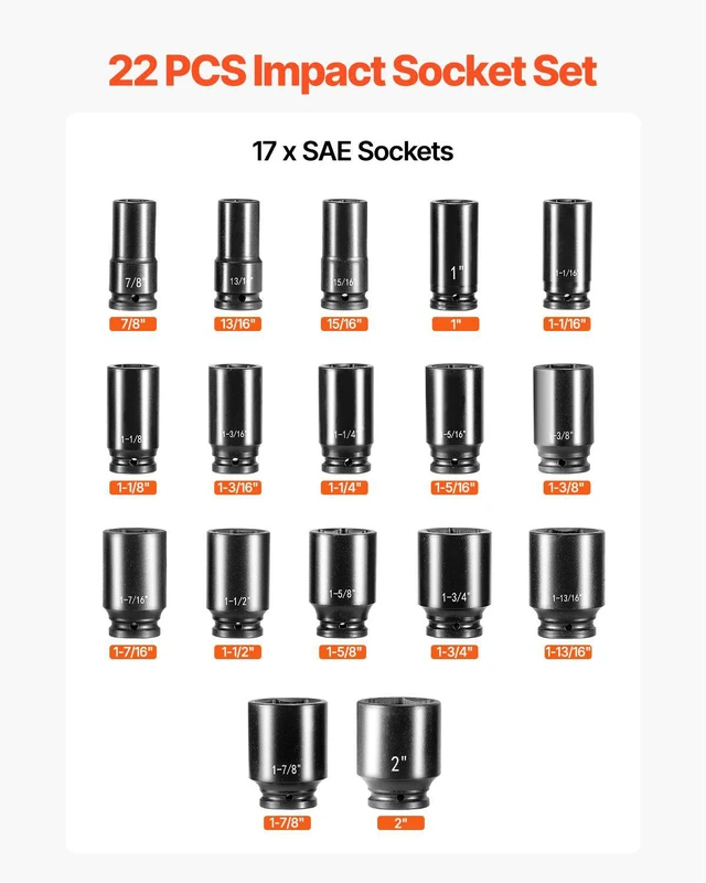 Alt view image 3 of 8 - Impact Socket Set 3/4 Inches 22 Piece Deep Impact Sockets, Socket Assortment 3/4 Inches Drive Socket Set Impact Standard SAE Sizes 7/8 Inches to 2 Inches Includes Adapters and Ratchet Handle