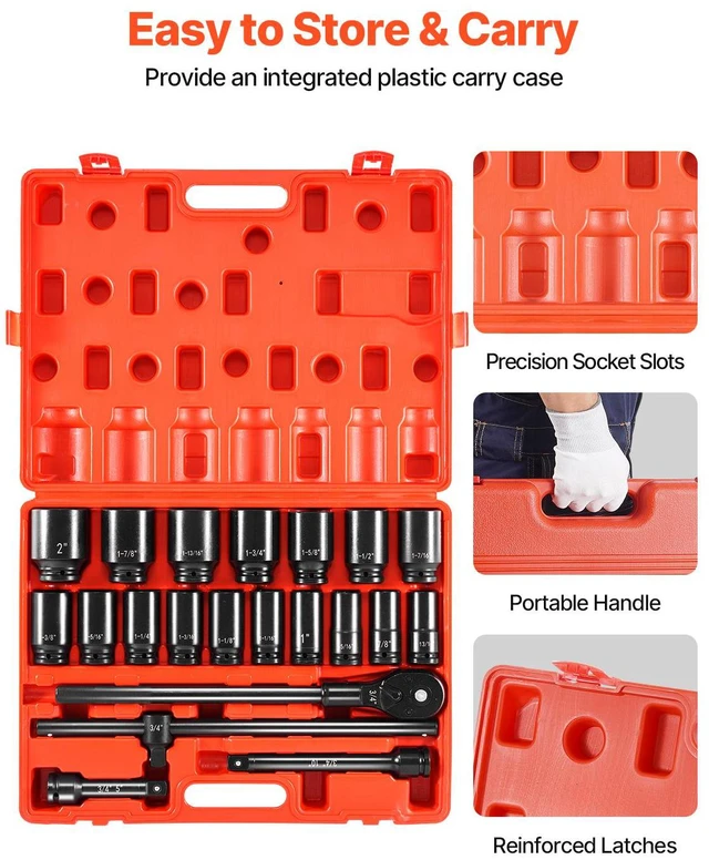 Alt view image 6 of 8 - Impact Socket Set 3/4 Inches 22 Piece Deep Impact Sockets, Socket Assortment 3/4 Inches Drive Socket Set Impact Standard SAE Sizes 7/8 Inches to 2 Inches Includes Adapters and Ratchet Handle