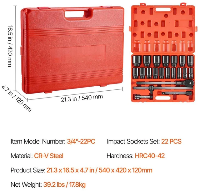 Alt view image 7 of 8 - Impact Socket Set 3/4 Inches 22 Piece Deep Impact Sockets, Socket Assortment 3/4 Inches Drive Socket Set Impact Standard SAE Sizes 7/8 Inches to 2 Inches Includes Adapters and Ratchet Handle