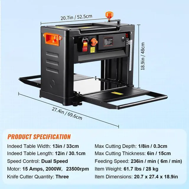 Alt view image 15 of 15 - VEVOR Thickness Planer 13-Inch Two-Speed Three-Blade 15-Amp for woodworking